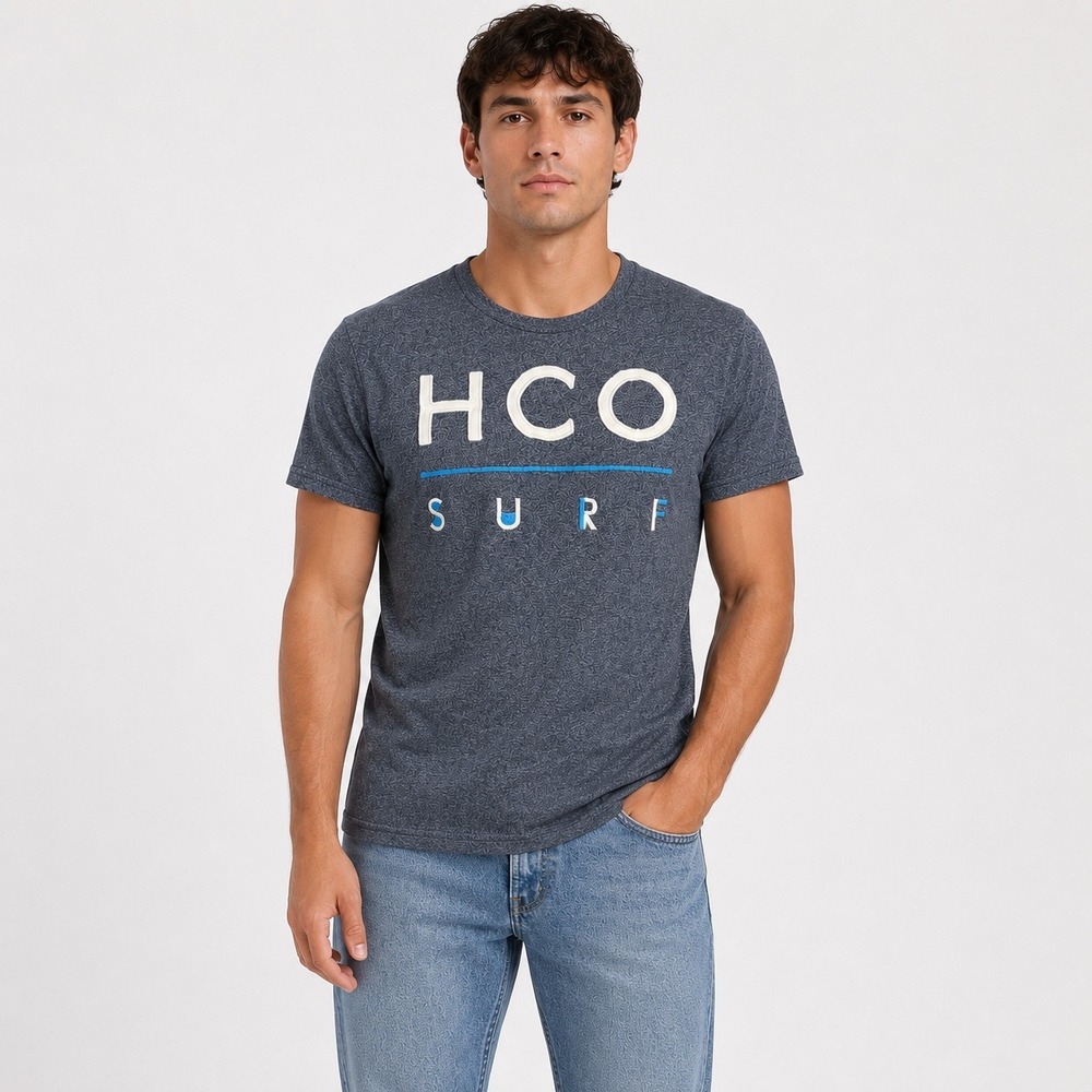 Hollister HCO Surf Graphic Tee Mens Small Navy Blue Heathered Vintage